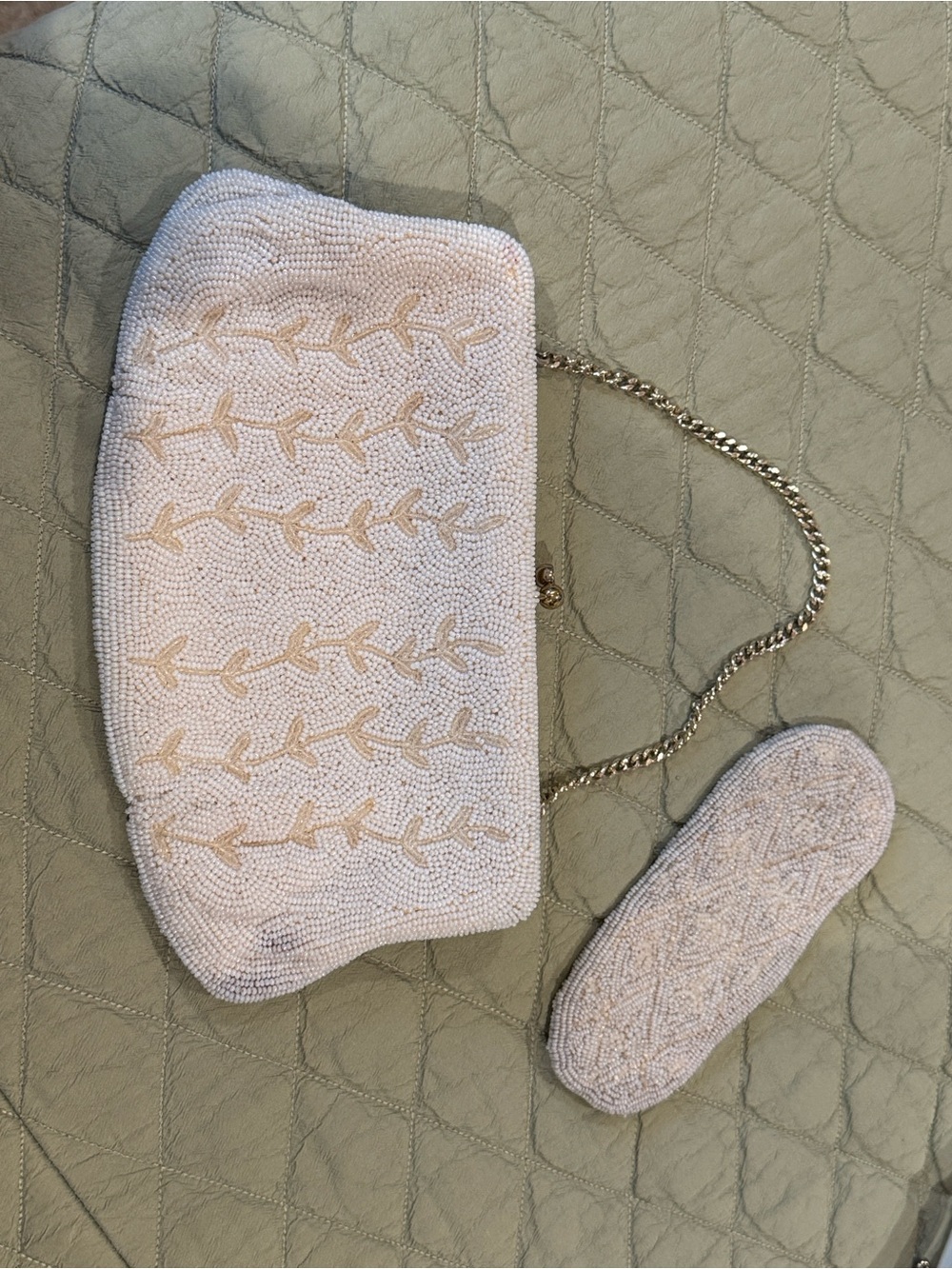 Antique Ivory Beaded Evening Clutch with Gold Chain & Reading Glasses Pouch
